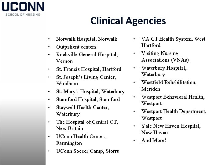 Clinical Agencies • • • Norwalk Hospital, Norwalk Outpatient centers Rockville General Hospital, Vernon