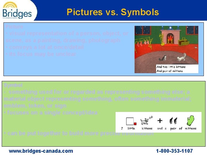 Pictures vs. Symbols Picture • visual representation of a person, object, or scene, as