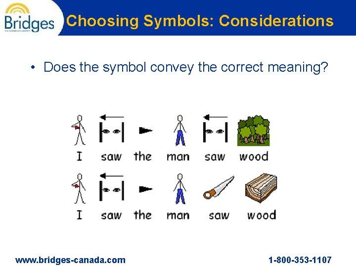 Choosing Symbols: Considerations • Does the symbol convey the correct meaning? www. bridges-canada. com
