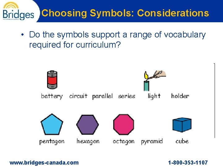 Choosing Symbols: Considerations • Do the symbols support a range of vocabulary required for