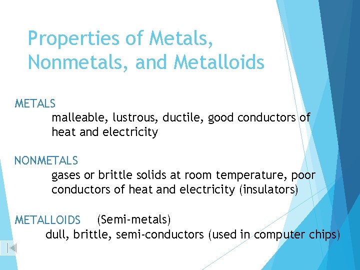 Properties of Metals, Nonmetals, and Metalloids METALS malleable, lustrous, ductile, good conductors of heat