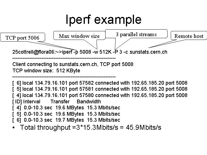 Iperf example TCP port 5006 Max window size 3 parallel streams Remote host 25