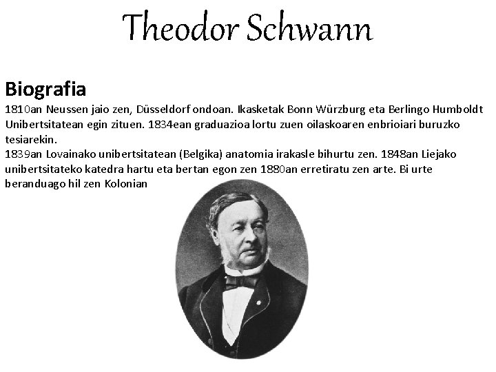 Theodor Schwann Biografia 1810 an Neussen jaio zen, Düsseldorf ondoan. Ikasketak Bonn Würzburg eta