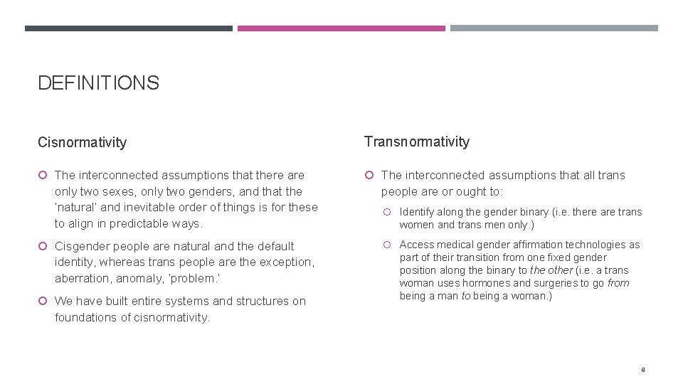 DEFINITIONS Cisnormativity Transnormativity The interconnected assumptions that there are The interconnected assumptions that all