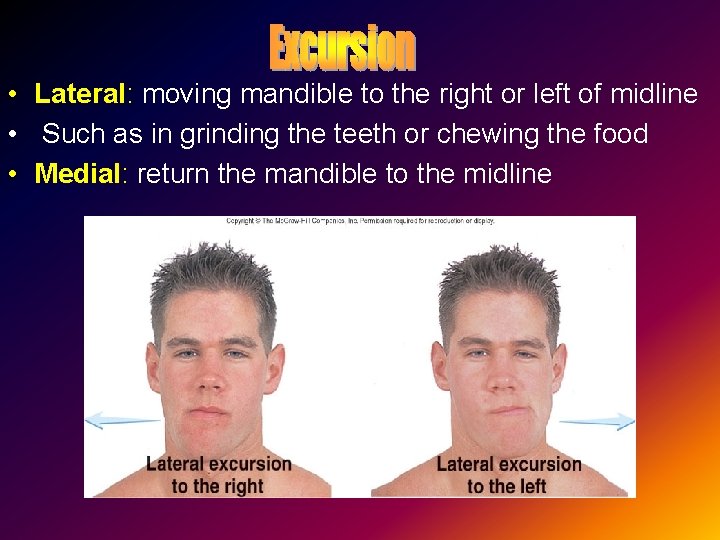  • Lateral: moving mandible to the right or left of midline • Such