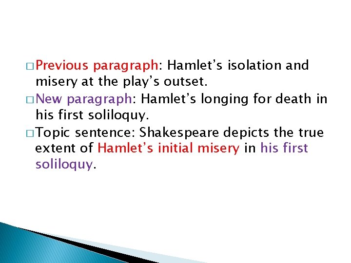 � Previous paragraph: Hamlet’s isolation and misery at the play’s outset. � New paragraph: