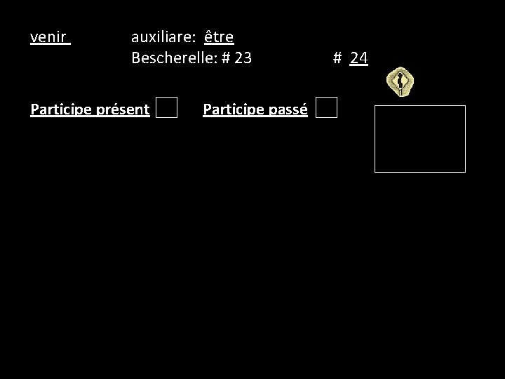 venir auxiliare: être Bescherelle: # 23 Participe présent Participe passé # 24 