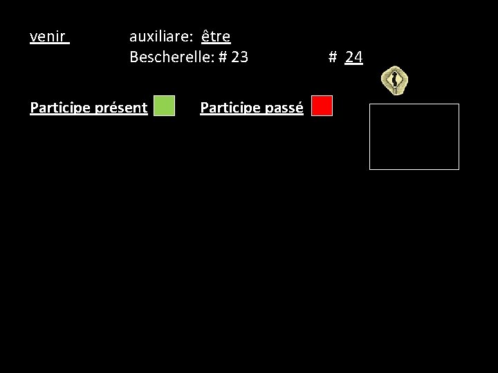 venir auxiliare: être Bescherelle: # 23 Participe présent Participe passé # 24 