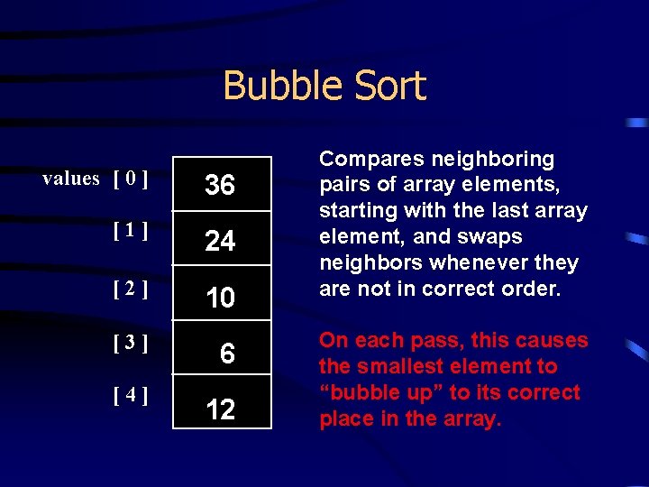 Bubble Sort values [ 0 ] 36 [1] 24 [2] 10 [3] [4] 6