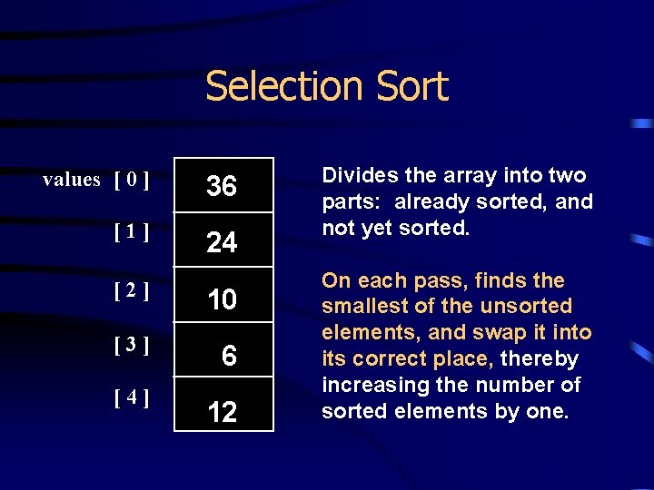 Selection Sort values [ 0 ] 36 [1] 24 [2] 10 [3] 6 [4]