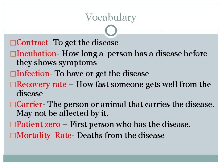 Vocabulary �Contract- To get the disease �Incubation- How long a person has a disease