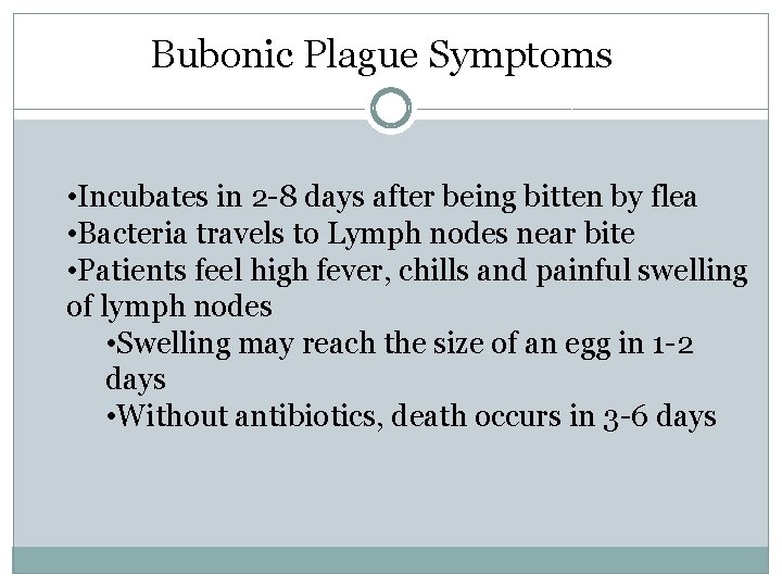 Bubonic Plague Symptoms • Incubates in 2 -8 days after being bitten by flea