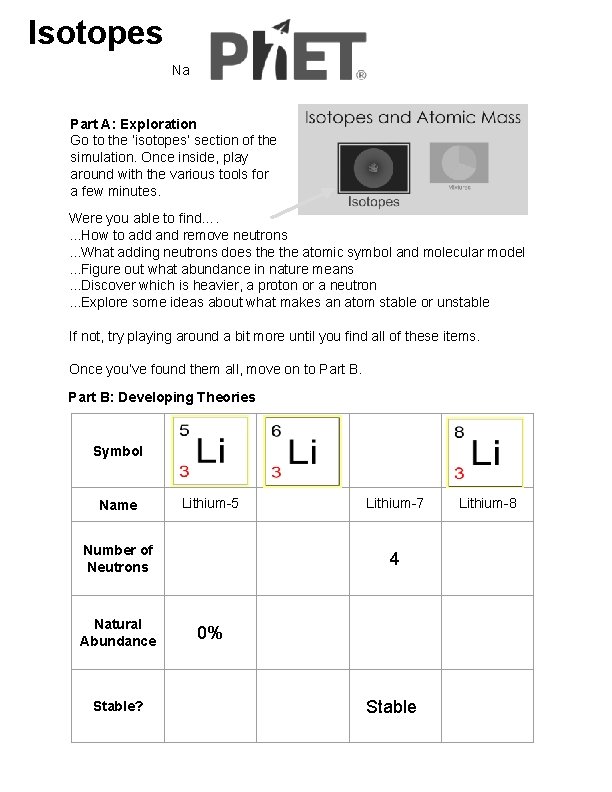 Isotopes Name: Part A: Exploration Go to the ‘isotopes’ section of the simulation. Once