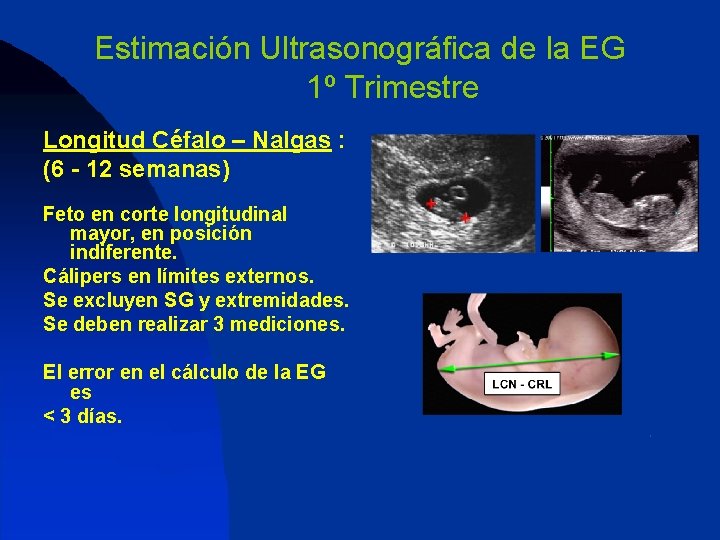 Estimación Ultrasonográfica de la EG 1º Trimestre Longitud Céfalo – Nalgas : (6 -