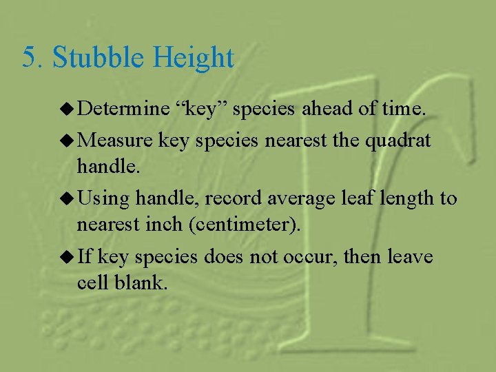 5. Stubble Height u Determine “key” species ahead of time. u Measure key species