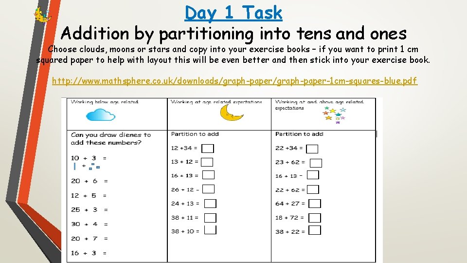Day 1 Task Addition by partitioning into tens and ones Choose clouds, moons or