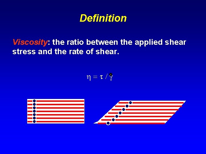 Definition Viscosity: the ratio between the applied shear stress and the rate of shear.