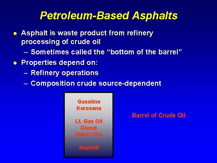 Petroleum-Based Asphalts l l Asphalt is waste product from refinery processing of crude oil