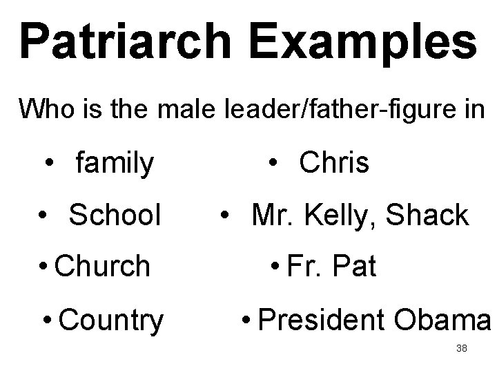 Patriarch Examples Who is the male leader/father-figure in • family • School • Church