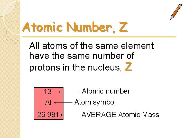 Atomic Number, Z All atoms of the same element have the same number of