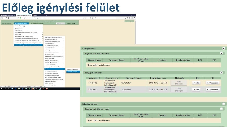 Előleg igénylési felület Előleg igénylési felület