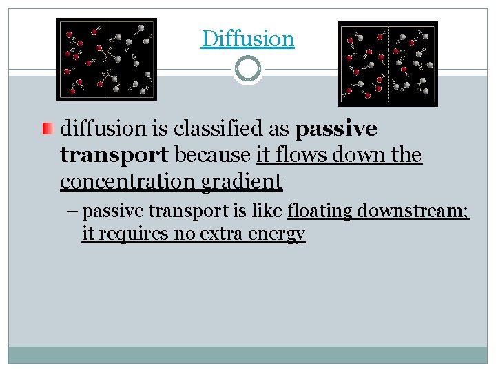 Diffusion diffusion is classified as passive transport because it flows down the concentration gradient