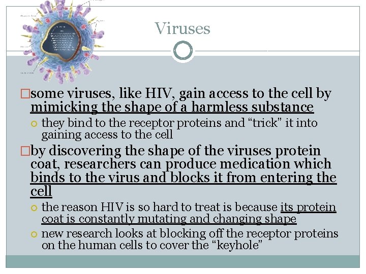 Viruses �some viruses, like HIV, gain access to the cell by mimicking the shape