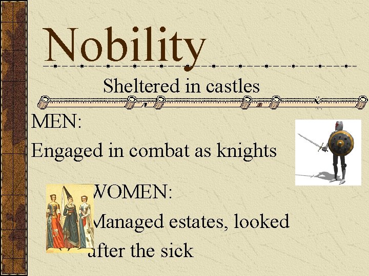 Nobility Sheltered in castles MEN: Engaged in combat as knights WOMEN: Managed estates, looked