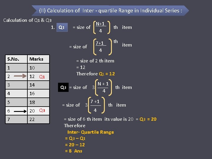 (II) Calculation of Inter - quartile Range in Individual Series : Calculation of Q