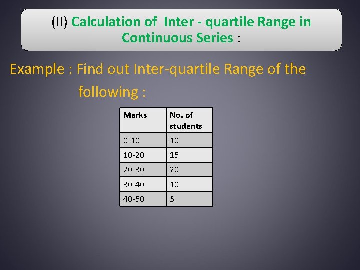 (II) Calculation of Inter - quartile Range in Continuous Series : Example : Find