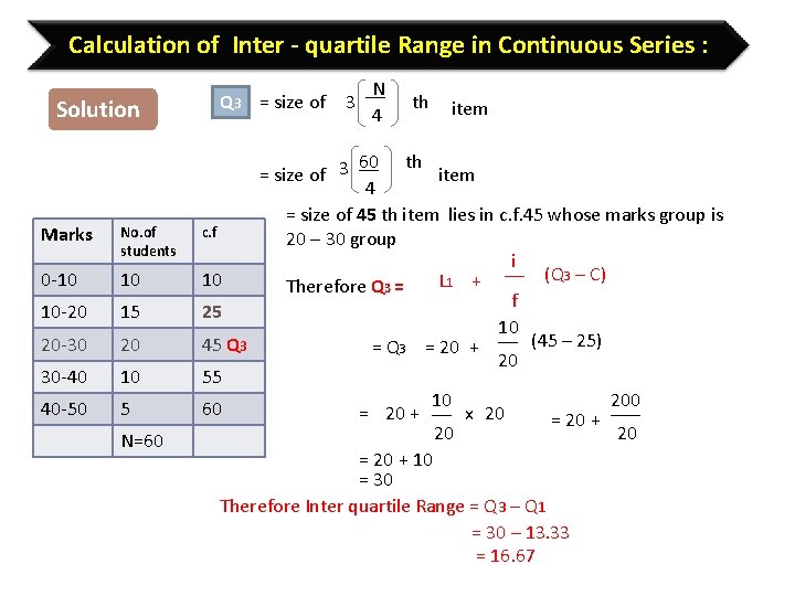 Calculation of Inter - quartile Range in Continuous Series : Solution Marks No. of