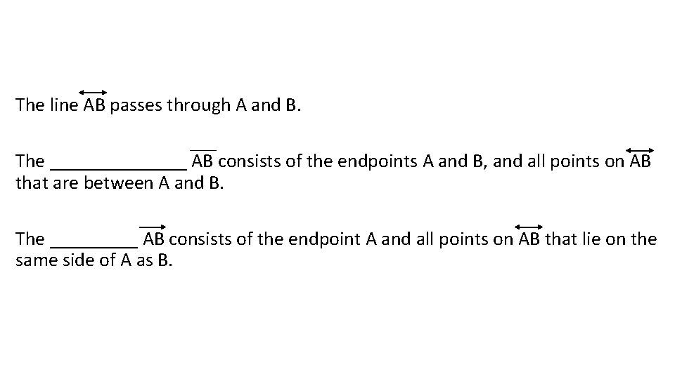 The line AB passes through A and B. The _______ AB consists of the
