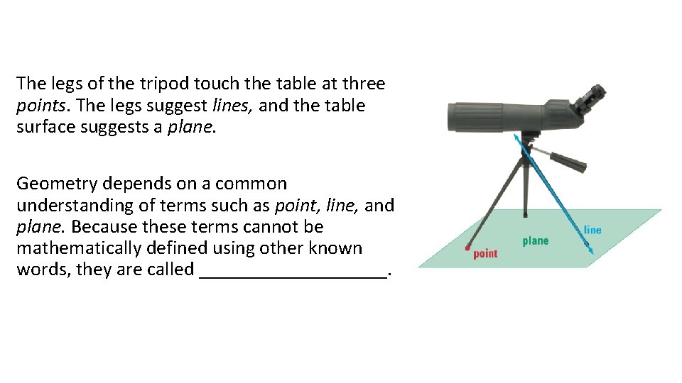 The legs of the tripod touch the table at three points. The legs suggest