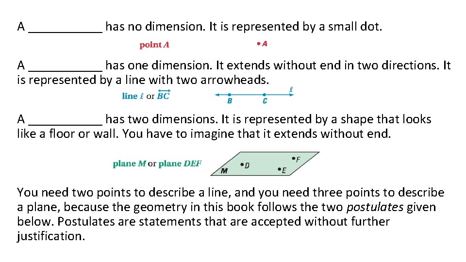 A ______ has no dimension. It is represented by a small dot. A ______