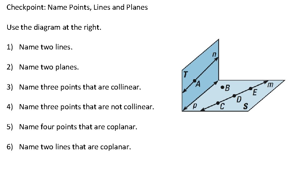 Checkpoint: Name Points, Lines and Planes Use the diagram at the right. 1) Name