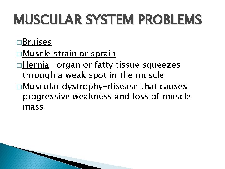 MUSCULAR SYSTEM PROBLEMS � Bruises � Muscle strain or sprain � Hernia- organ or