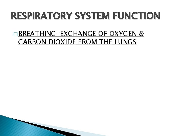 RESPIRATORY SYSTEM FUNCTION � BREATHING-EXCHANGE OF OXYGEN & CARBON DIOXIDE FROM THE LUNGS 