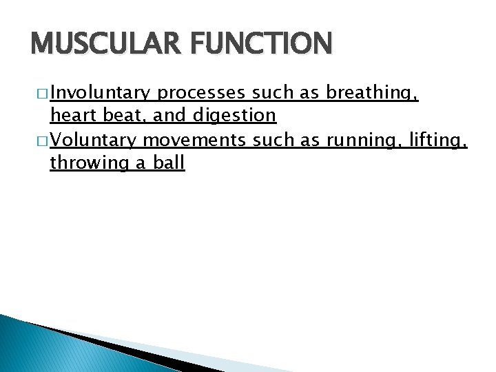 MUSCULAR FUNCTION � Involuntary processes such as breathing, heart beat, and digestion � Voluntary