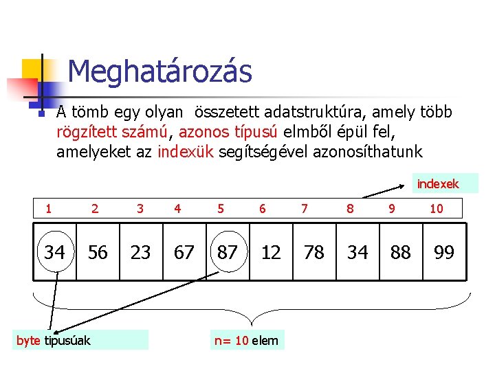 Meghatározás A tömb egy olyan összetett adatstruktúra, amely több rögzített számú, azonos típusú elmből