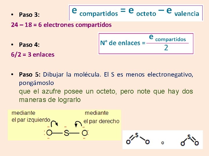  • Paso 3: 24 – 18 = 6 electrones compartidos • Paso 4: