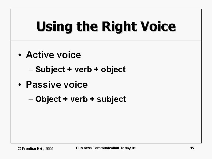 Using the Right Voice • Active voice – Subject + verb + object •