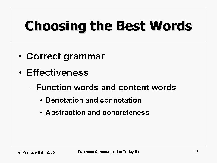 Choosing the Best Words • Correct grammar • Effectiveness – Function words and content