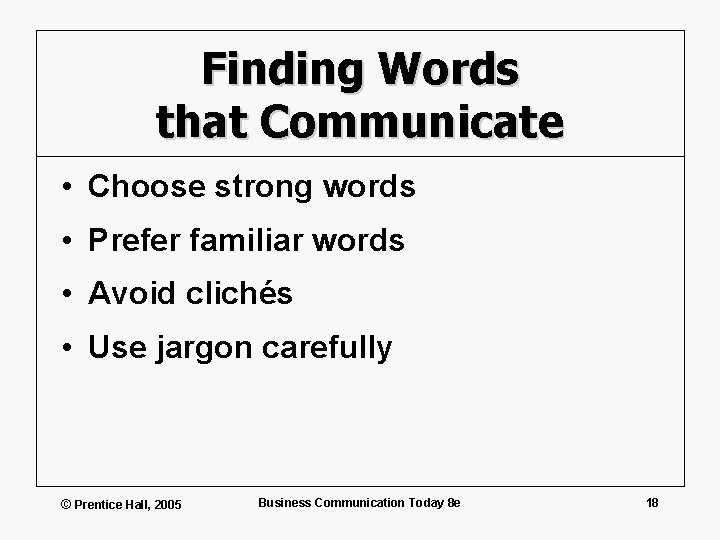 Finding Words that Communicate • Choose strong words • Prefer familiar words • Avoid
