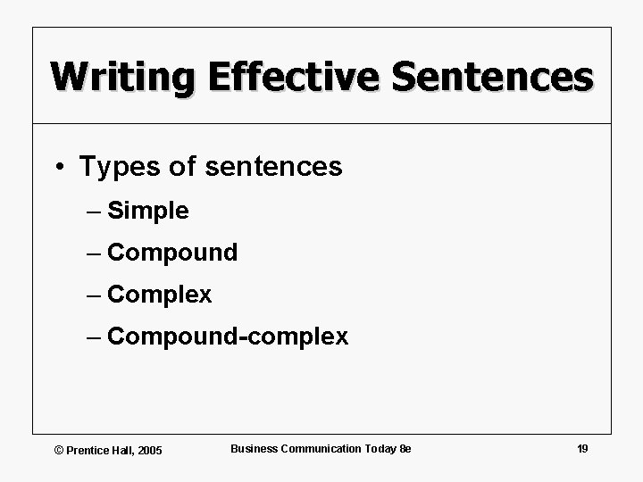 Writing Effective Sentences • Types of sentences – Simple – Compound – Complex –