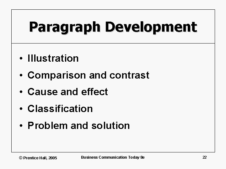 Paragraph Development • Illustration • Comparison and contrast • Cause and effect • Classification