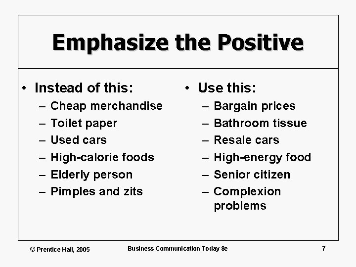 Emphasize the Positive • Instead of this: – – – Cheap merchandise Toilet paper