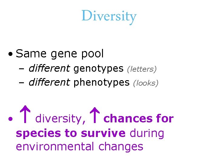 Diversity • Same gene pool – different genotypes (letters) – different phenotypes (looks) •