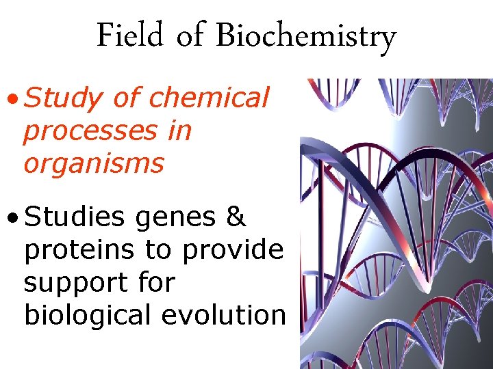 Field of Biochemistry • Study of chemical processes in organisms • Studies genes &
