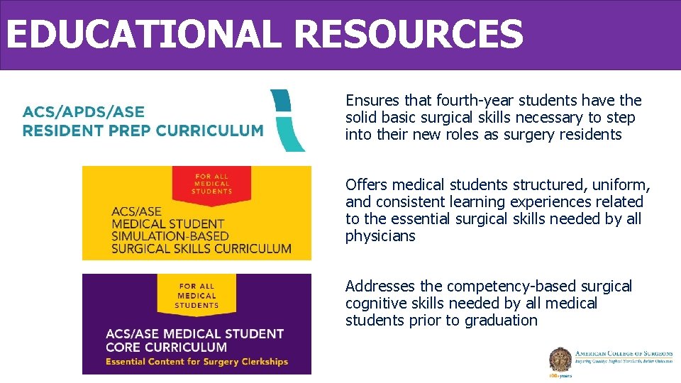 EDUCATIONAL RESOURCES Ensures that fourth-year students have the solid basic surgical skills necessary to EDUCATIONAL RESOURCES Ensures that fourth-year students have the solid basic surgical skills necessary to