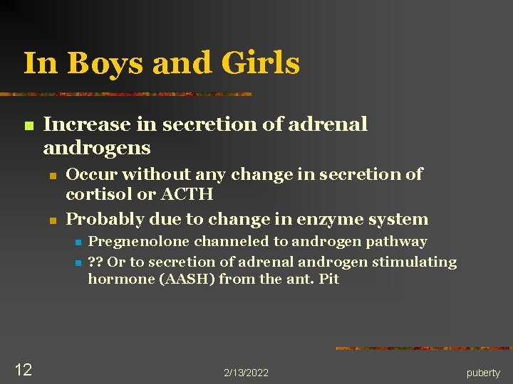 In Boys and Girls n Increase in secretion of adrenal androgens n n Occur